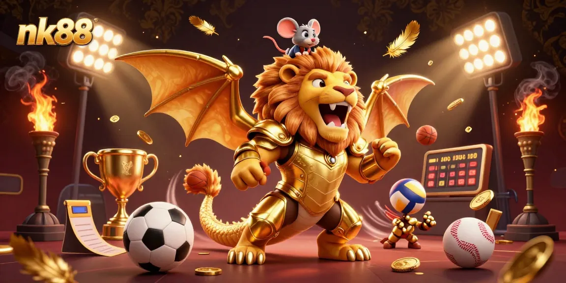 Engage in thrilling gameplay with nk88, featuring a roaring chimera and dynamic sports betting elements.