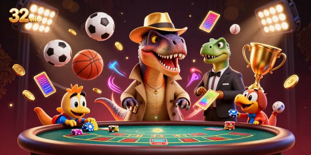 Engage in thrilling gaming with 32win featuring a clever velociraptor at a blackjack table.