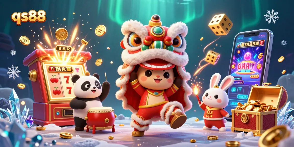 Experience the excitement of qs88 with vibrant casino scenes featuring a lion dance, slot machines, and festive elements!