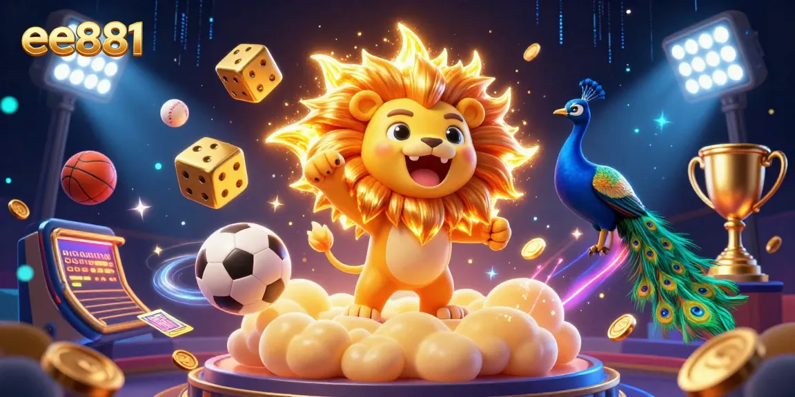 Betting on big wins with ee881 as a 3D sun lion roars triumphantly among dynamic sports betting elements.