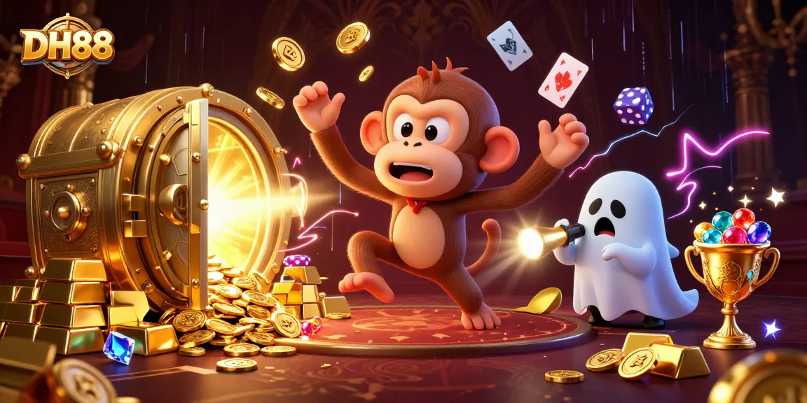 Experience thrilling adventures at DH88 with a playful poltergeist monkey juggling gold in a haunted casino.