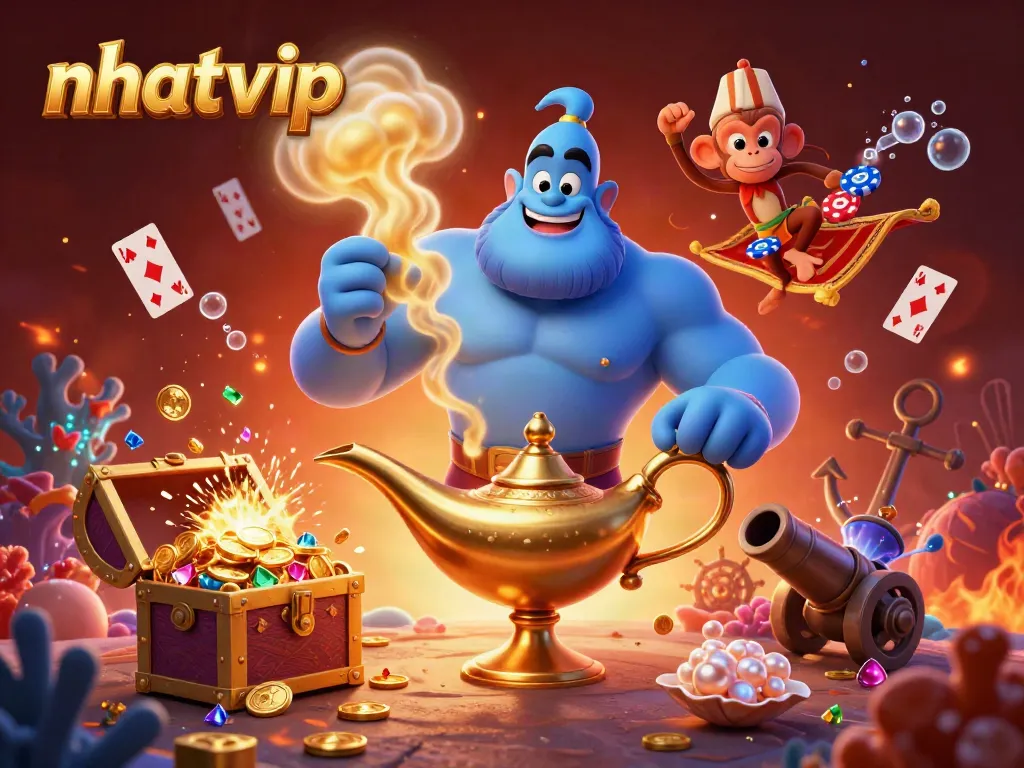 Experience the exciting world of nhatvip with a lively scene featuring a genie, monkey, and poker chips.