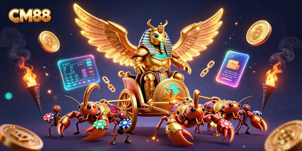 Engage with CM88’s gaming experience through vibrant casino action featuring a golden scarab and dynamic game elements.