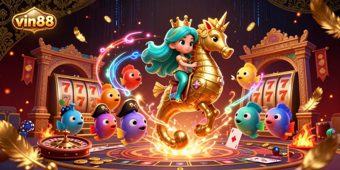 Experience the thrill of vin88 with 3D casino characters, slot reels, and vibrant game elements in an exciting digital illustration.