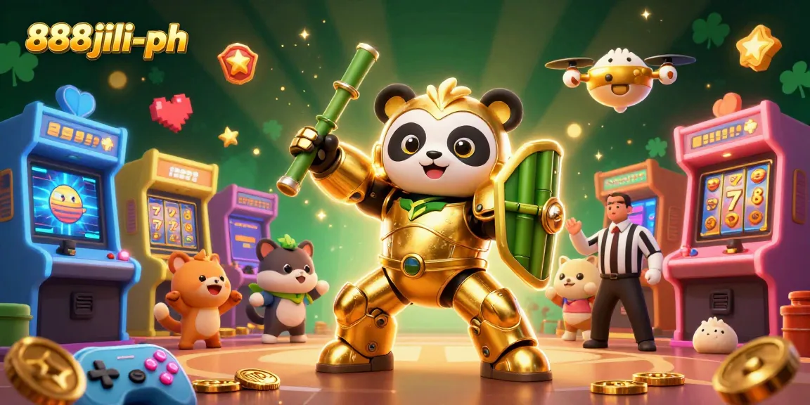 Engage in thrilling gameplay at 888jili-ph with vibrant visuals of a golden panda in action, surrounded by exciting gaming elements.