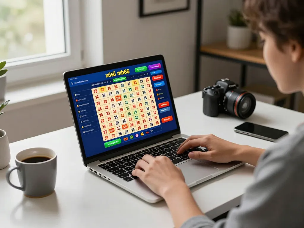 xổ số mb66 online lottery gaming experience with colorful interface on laptop screen and cozy home environment