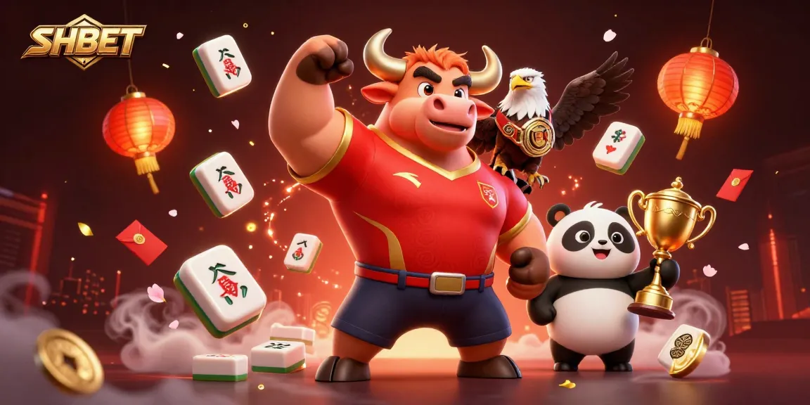 Engage with SHBET's vibrant casino experience featuring a bull mascot, eagle, and panda celebrating wins.