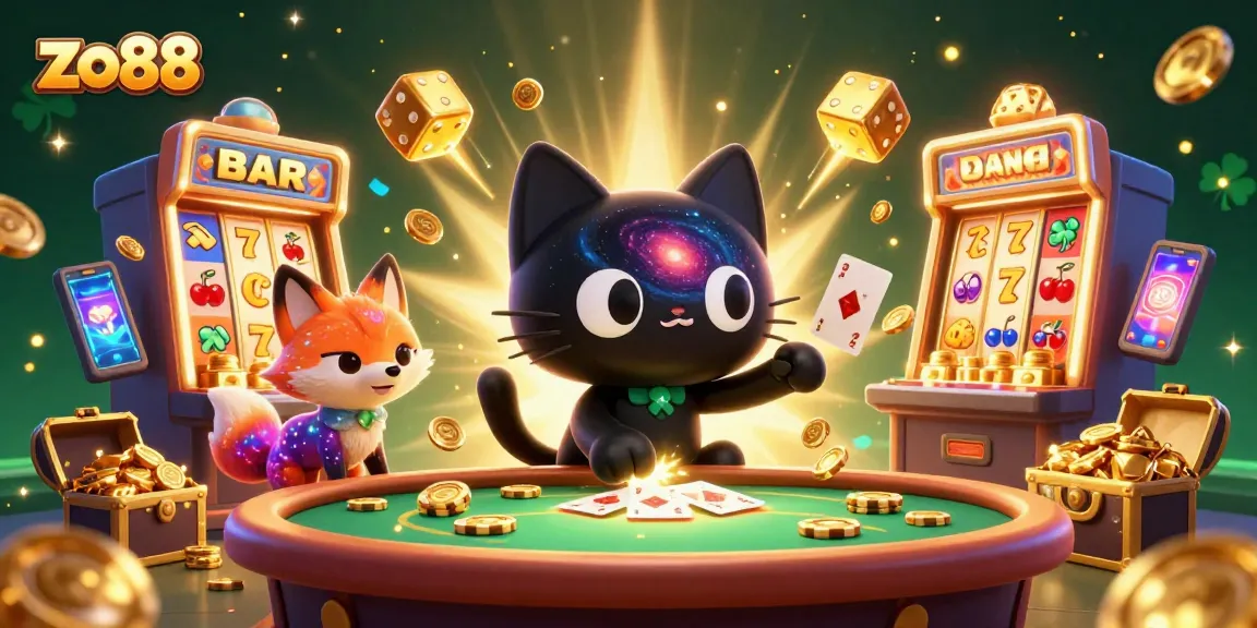 Experience exciting gaming at zo88 with a cosmic black hole cat and vibrant slot machines.