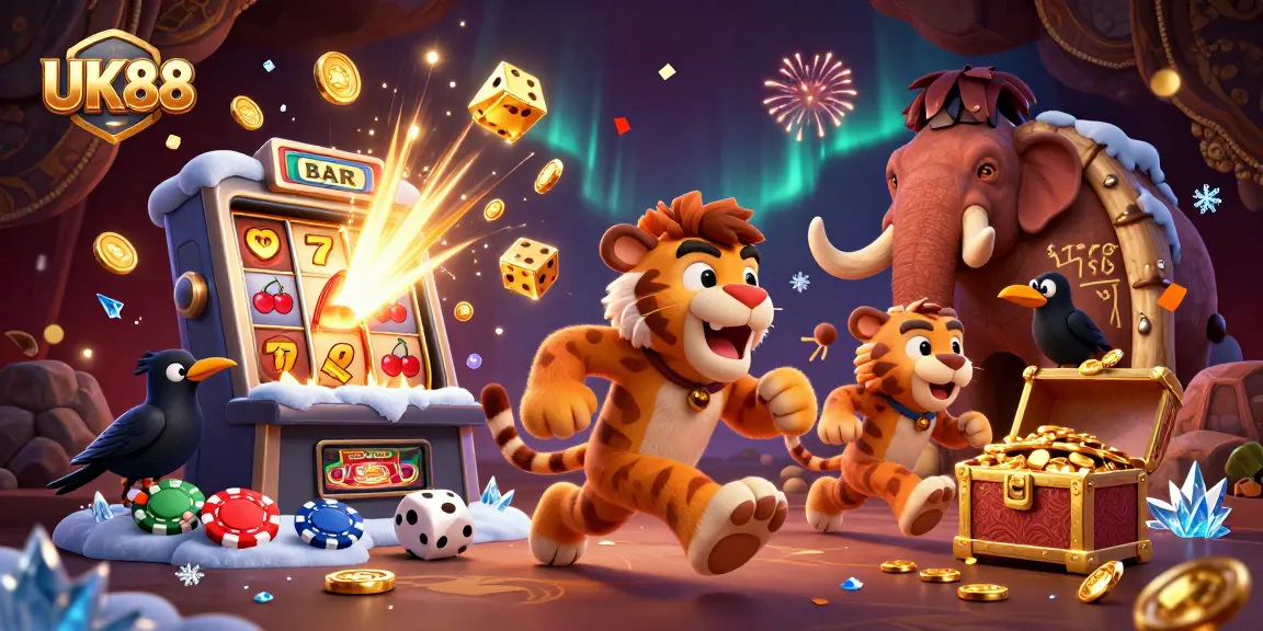 Experience the excitement of UK88 with caveman and tiger duo at a prehistoric casino, surrounded by vibrant elements.