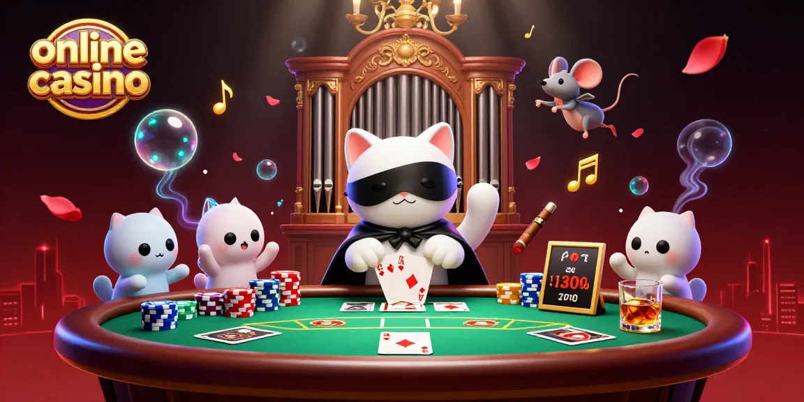 Experience thrilling online casino action with a dynamic scene featuring a masked cat, poker table, and vibrant characters.