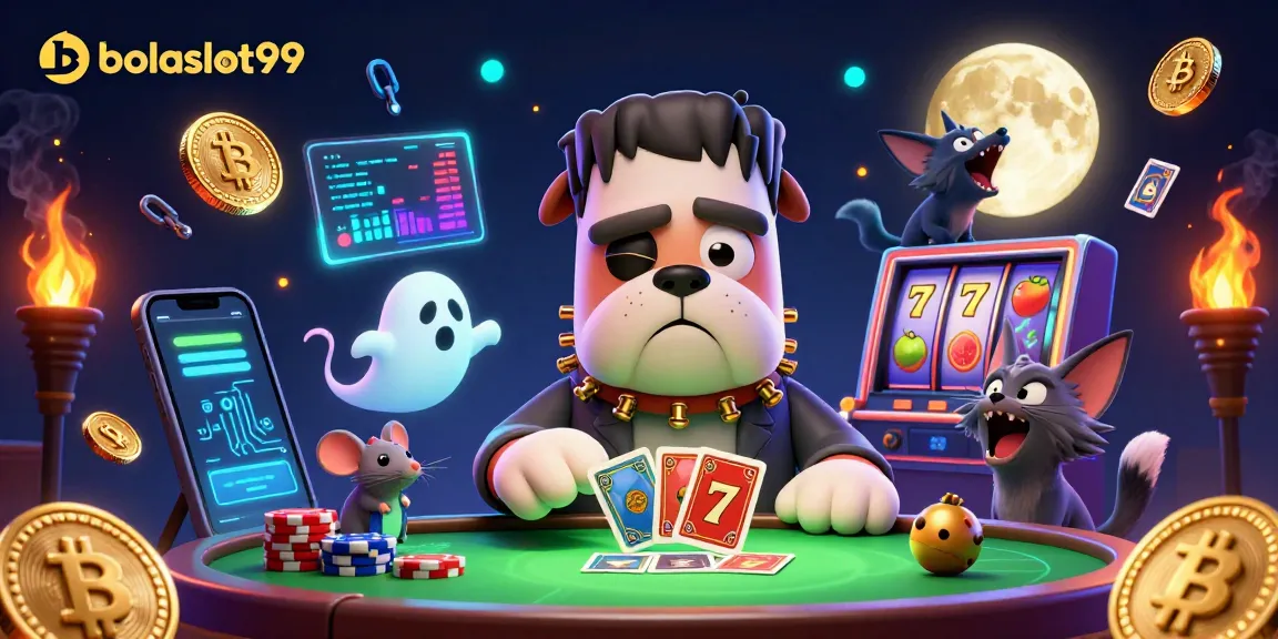 Bolaslot99 captivates players with a thrilling scene of a cartoon bulldog dealing cards amidst vibrant crypto elements.