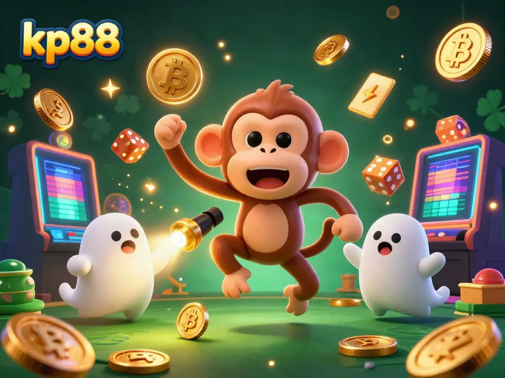 Experience kp88 gaming with a mischievous poltergeist monkey and a curious ghost-hunter puppy in a lively casino scene.
