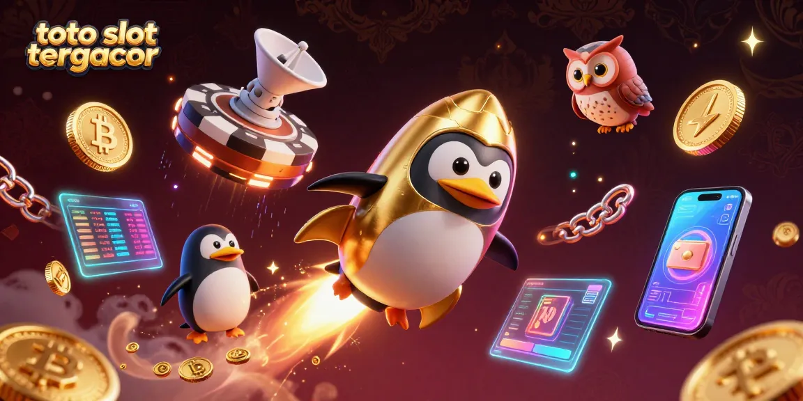 Win big with toto slot tergacor: A dynamic illustration of a golden penguin and casino action.