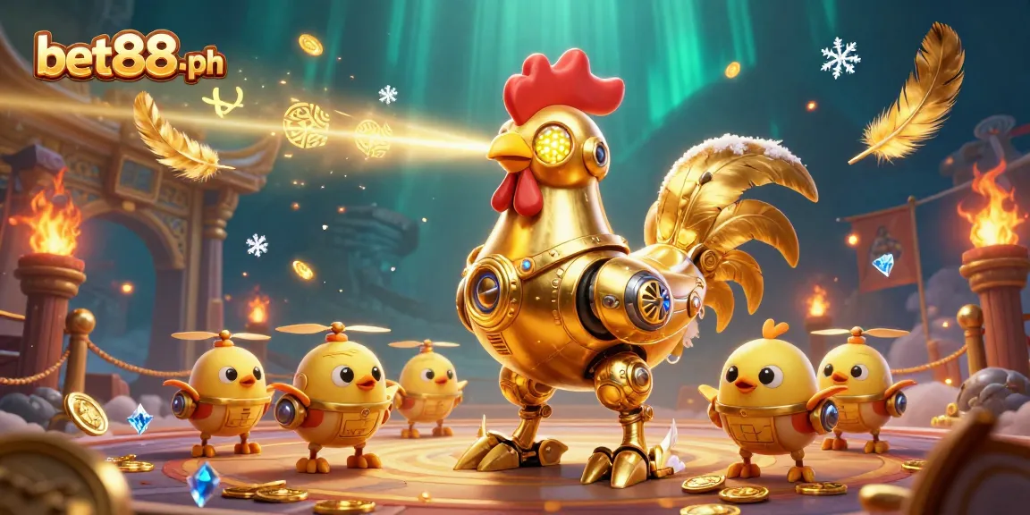 Experience the thrill at bet88-ph with the golden rooster robot leading a dynamic casino adventure.