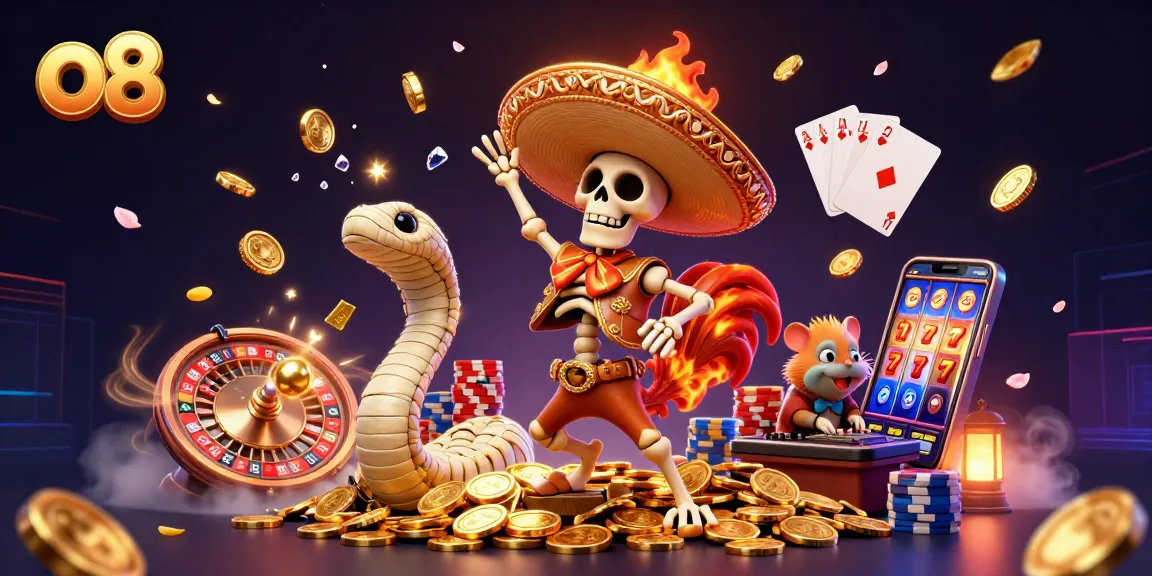 Win big with O8's dynamic gaming scene featuring vibrant characters and exciting casino elements.