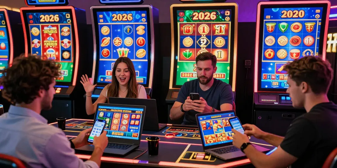 Exciting moment at new online casinos with diverse players enjoying games on devices in a vibrant virtual setting