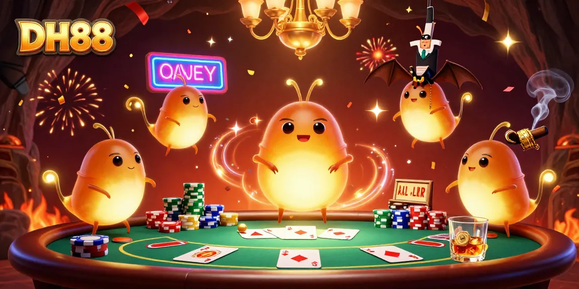 Light up your game at DH88 with this vibrant casino scene featuring glowing characters and poker action.
