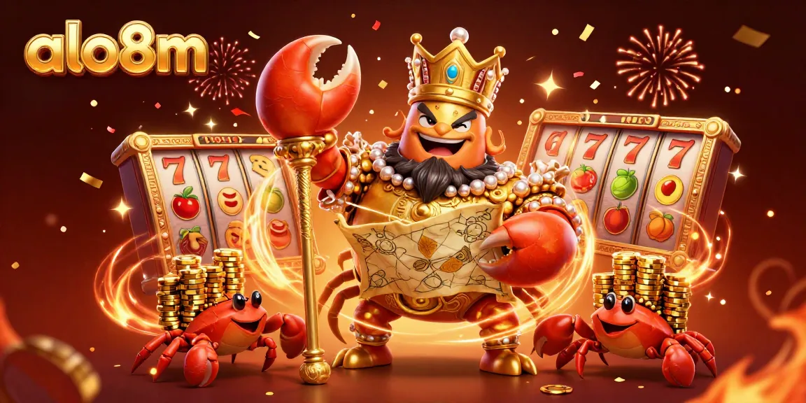 Experience thrilling games at alo8m, featuring a vibrant 3D golden crab emperor amidst dynamic slot gaming elements.