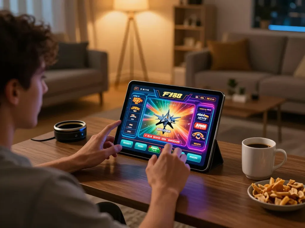Engaging gameplay on F168 online casino app in a cozy home setup with snacks and warm lighting.
