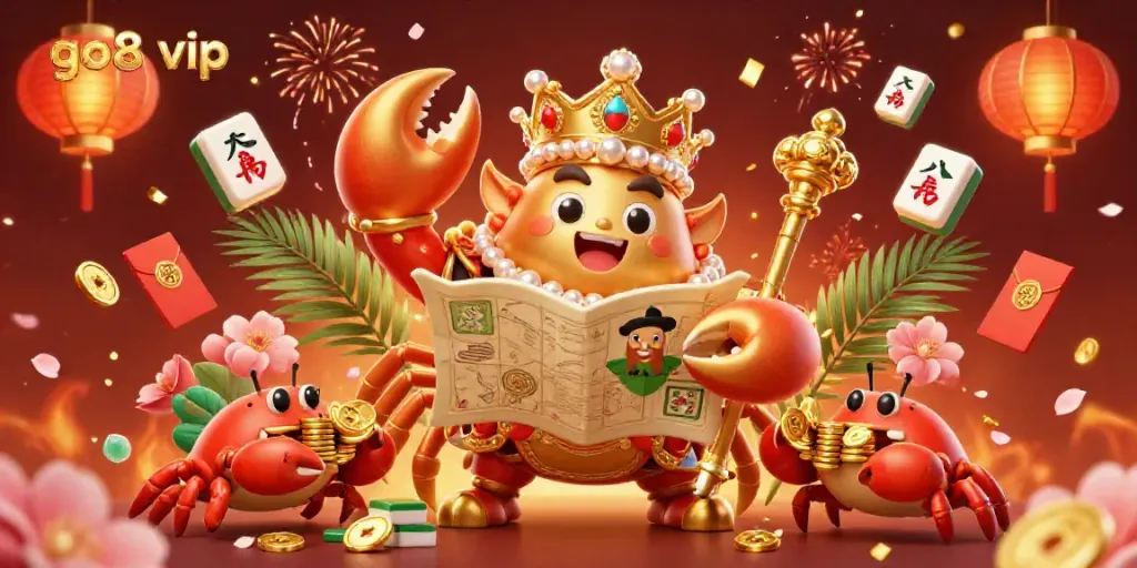 Engage with go8 vip in this vibrant 3D casino scene featuring a golden crab emperor amid festive decorations.