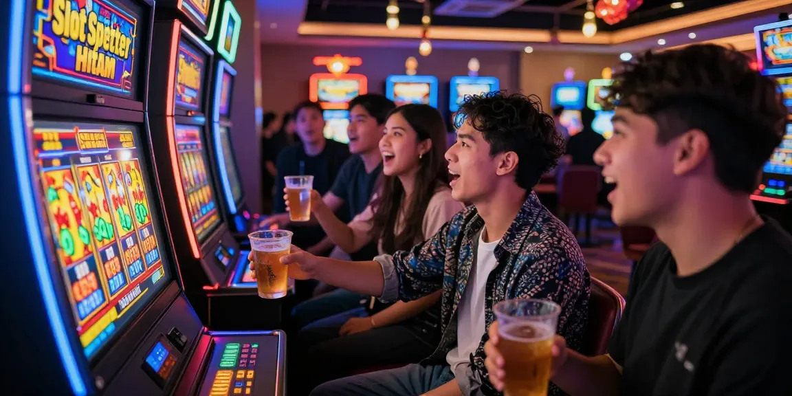 Excited players engaging with the Slot Scatter Hitam slot machine in a vibrant casino environment, celebrating the thrill of gambling.