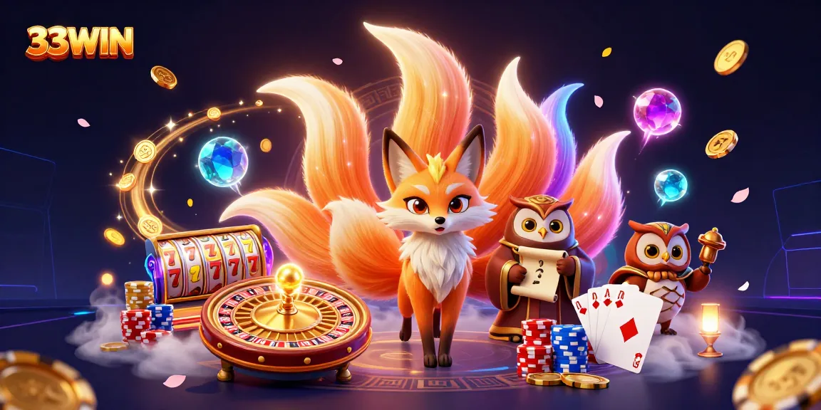 Engage with 33WIN in a vibrant 3D casino scene featuring a colorful nine-tailed fox and dynamic game elements.