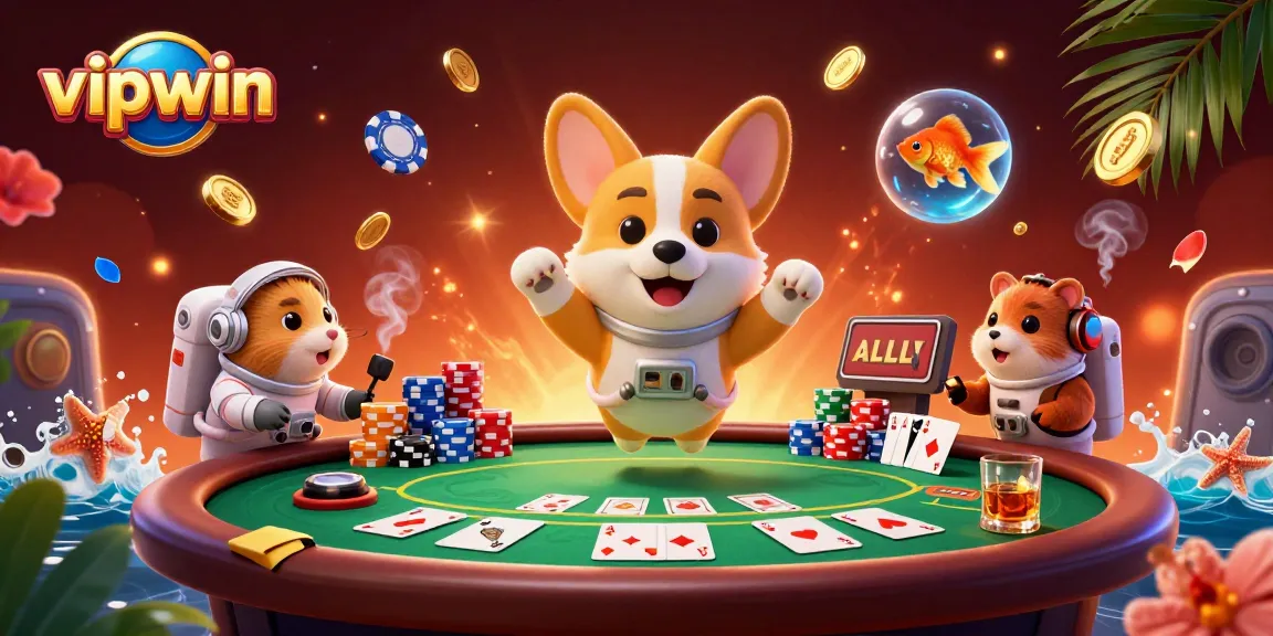 Engage with the excitement of vipwin's space casino adventure featuring a floating corgi surrounded by poker fun.