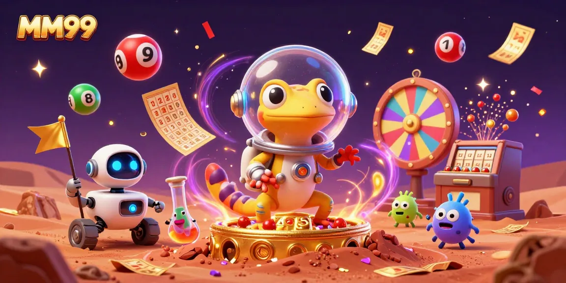 Experience immersive gaming at MM99 casino with a Martian gecko and vibrant lottery elements!