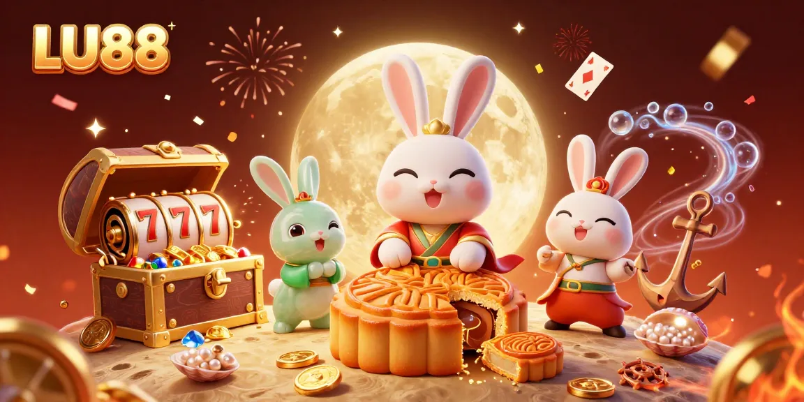 Win big with LU88 as the moon rabbit reveals poker chips in a vibrant casino scene.