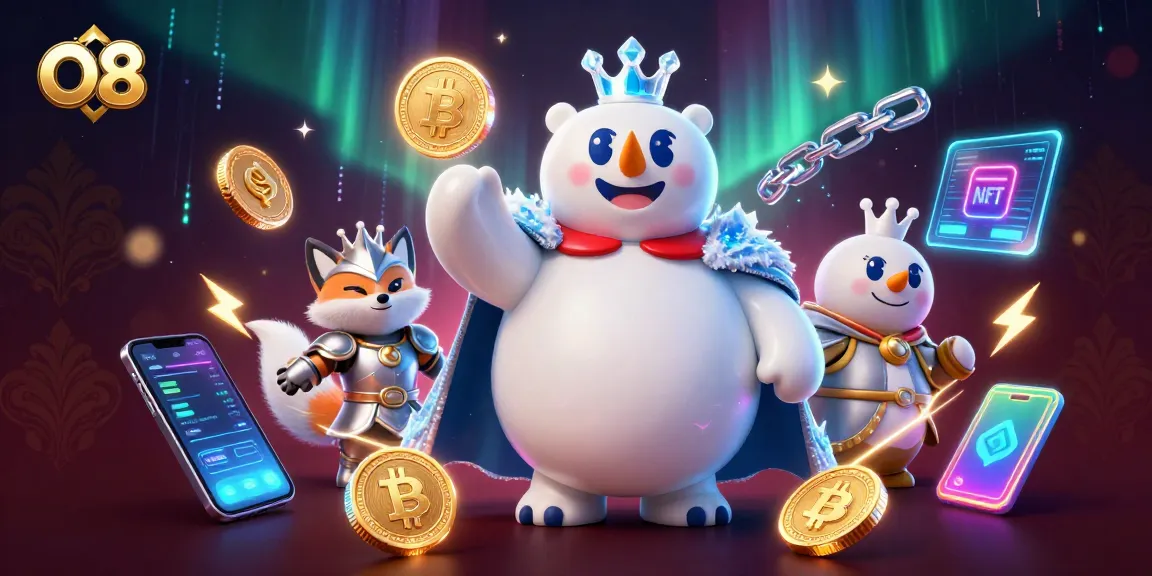 Experience O8's thrilling gaming adventure with polar bear king and futuristic crypto elements.