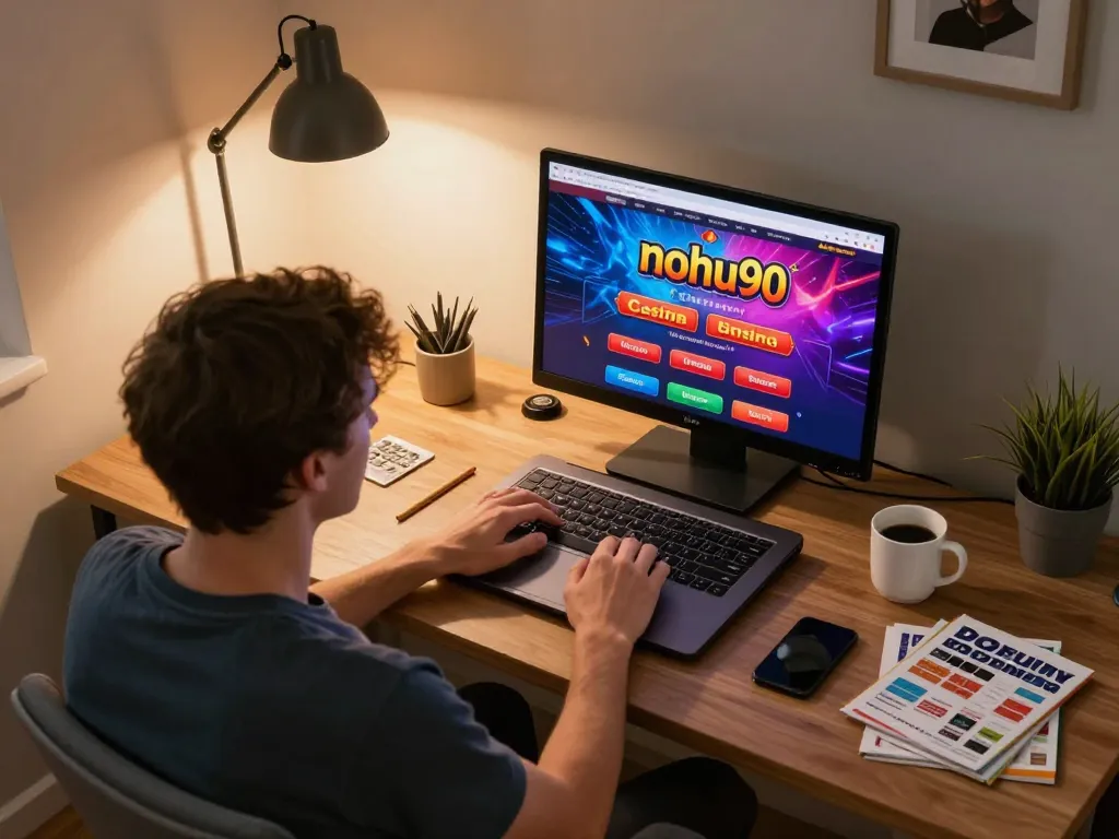Nohu90 user engaging in online casino gaming at home.