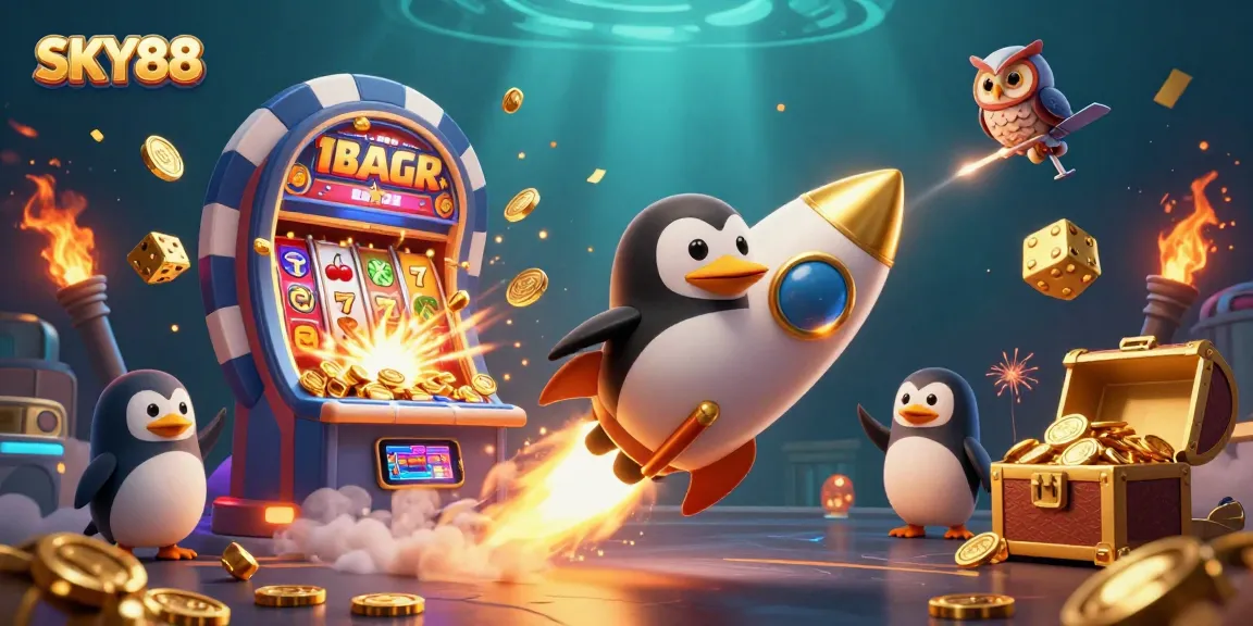 Join the adventure with SKY88 as the golden penguin blasts through space amidst casino treasures.