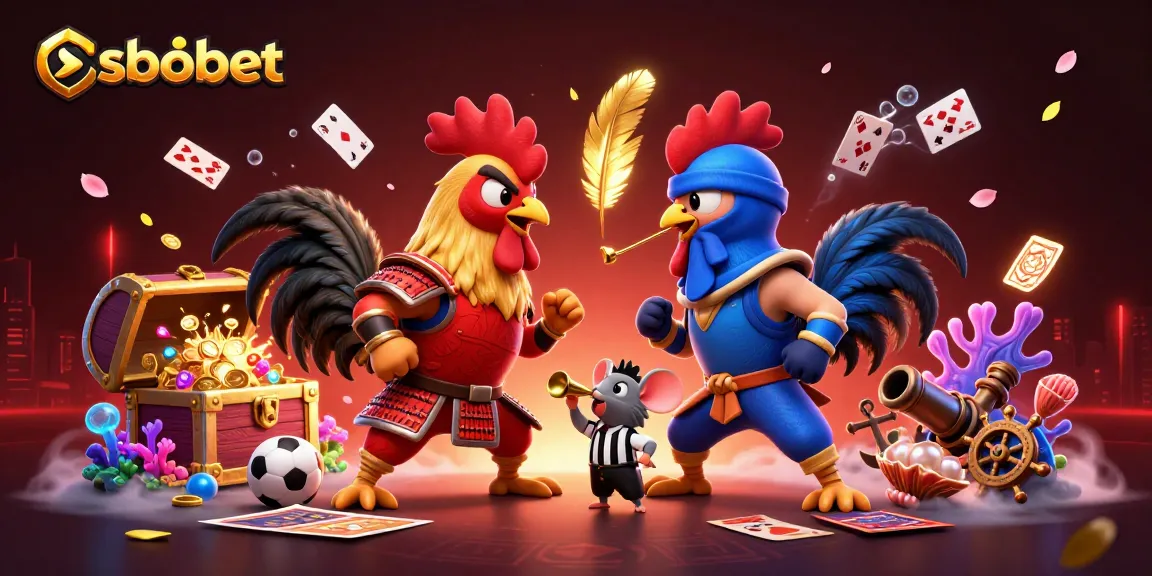 sbobet showcases fighting roosters in a sports betting showdown amidst vibrant casino elements