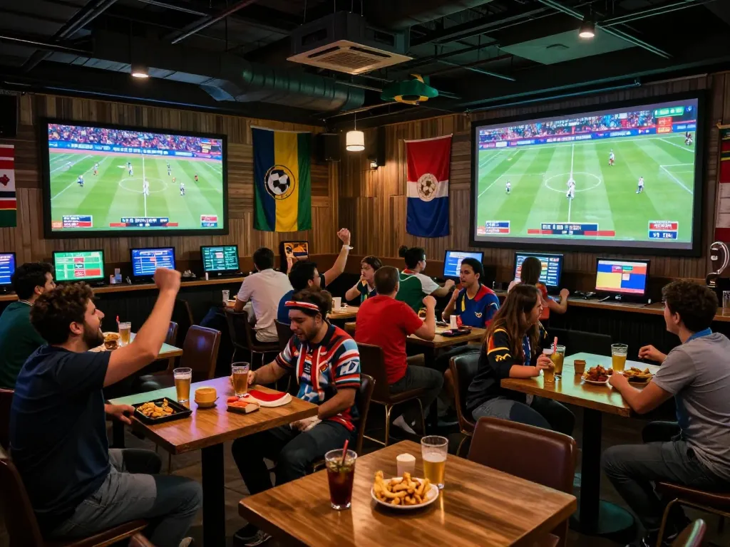 Fans engaging in sports betting excitement during World Cup 2026 in a lively bar setting