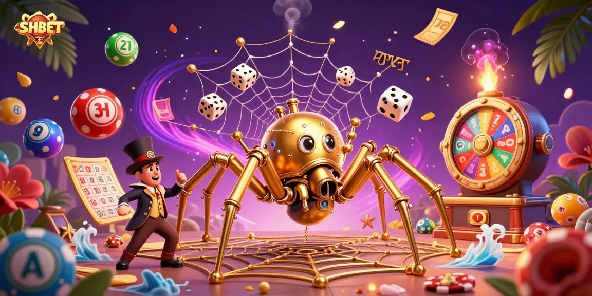 SHBET captivates gamblers with a dazzling 3D casino illustration, showcasing a golden spider and vibrant lottery games.