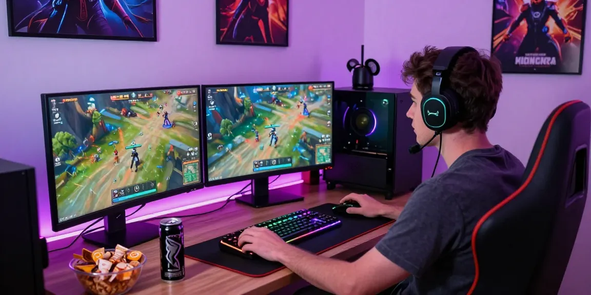 JPTOTO gaming enthusiast engaged in vibrant video game session with RGB setup.