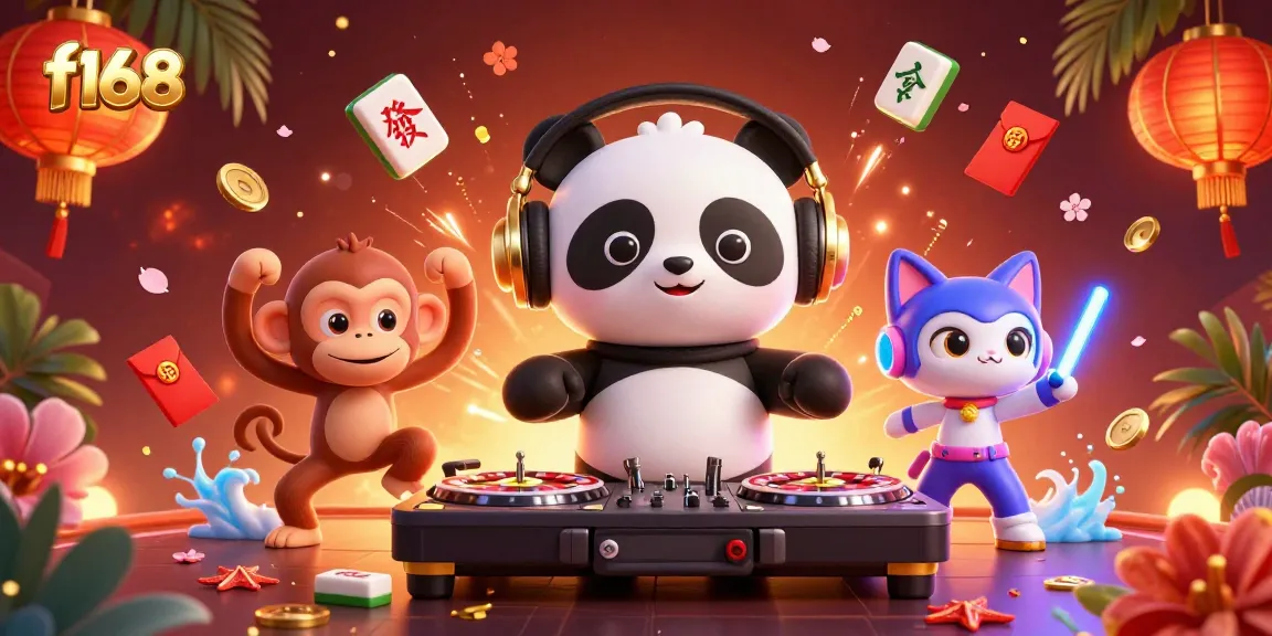 Engage in thrilling games at f168 with a vibrant illustration of a DJ panda spinning casino-themed turntables.