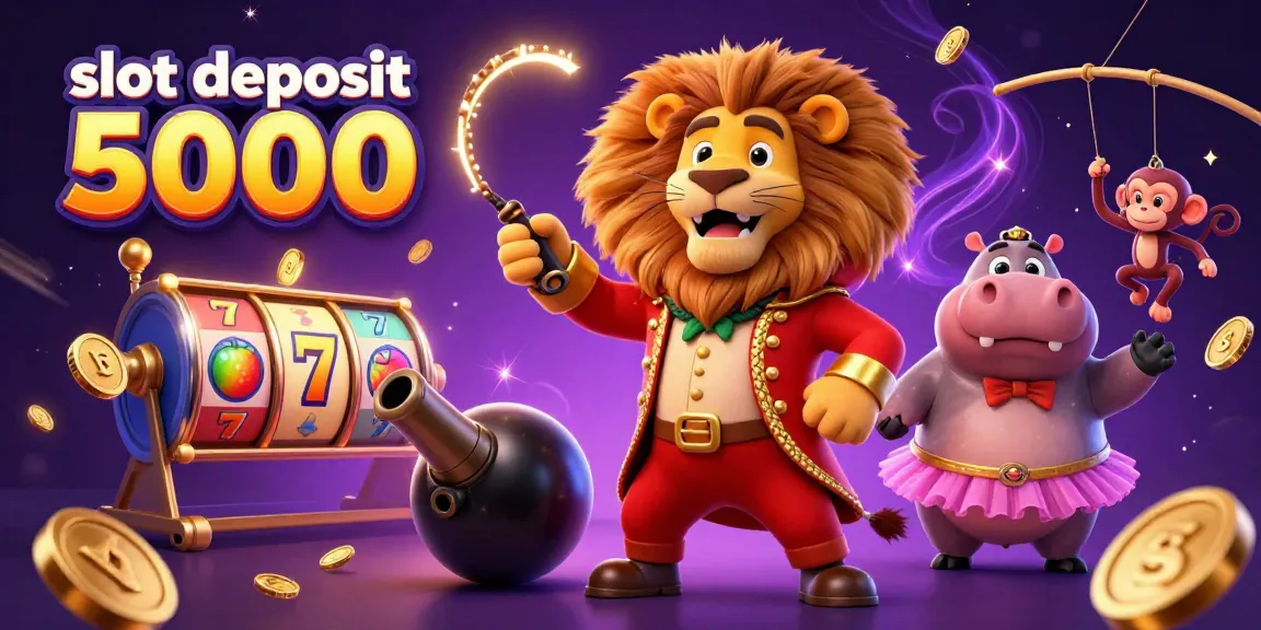 Slot deposit 5000 menampilkan raja singa kasino memukau dengan tembakan slot yang menarik di latar belakang.