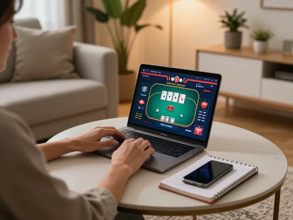 SUNWIN player engaging in online gameplay with a strategic notebook in cozy home setting