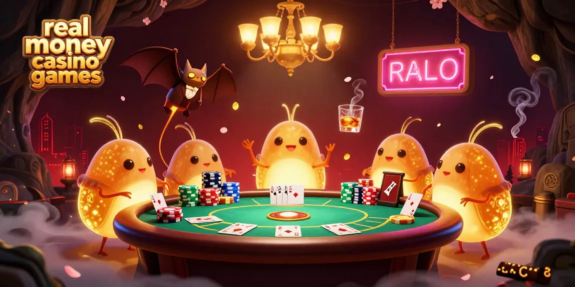 Experience real money casino games with a captivating 3D illustration of glowworms lighting a vibrant poker scene.