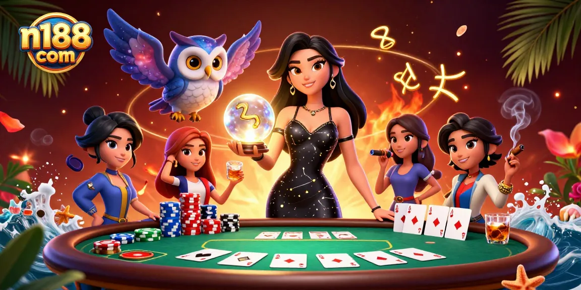 Experience the thrill of n188 com with an immersive 3D casino scene featuring dynamic characters and vibrant poker elements.