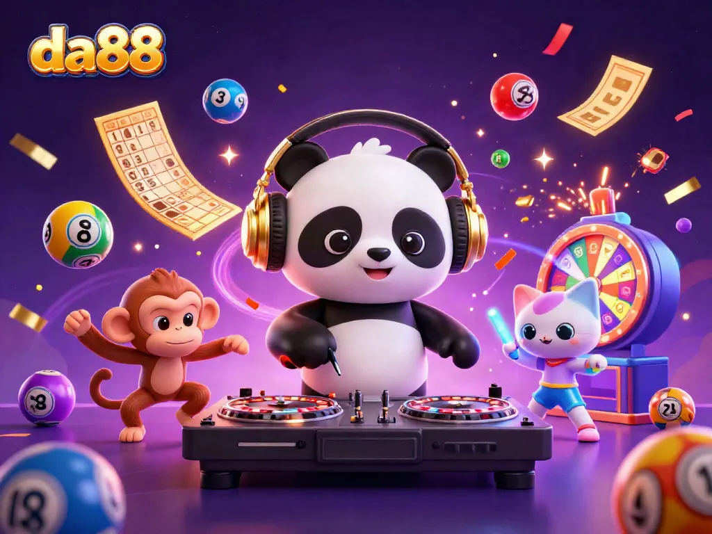 Engage with da88 in a vibrant 3D casino world, featuring a DJ panda, dancing monkey, and rave kitten.