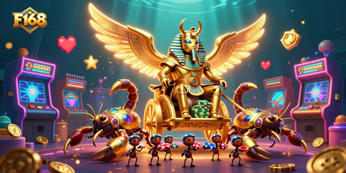 Engage with F168's vibrant casino atmosphere featuring a golden scarab and arcade games.