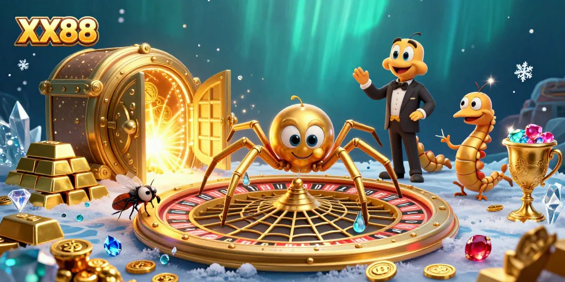Place bets at XX88 with a thrilling roulette wheel scene featuring a golden spider and a centipede croupier.