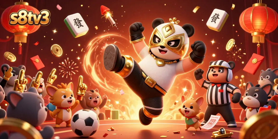 Experience exciting sports betting with s8tv3 as a panda wrestler kicks in a festive atmosphere.