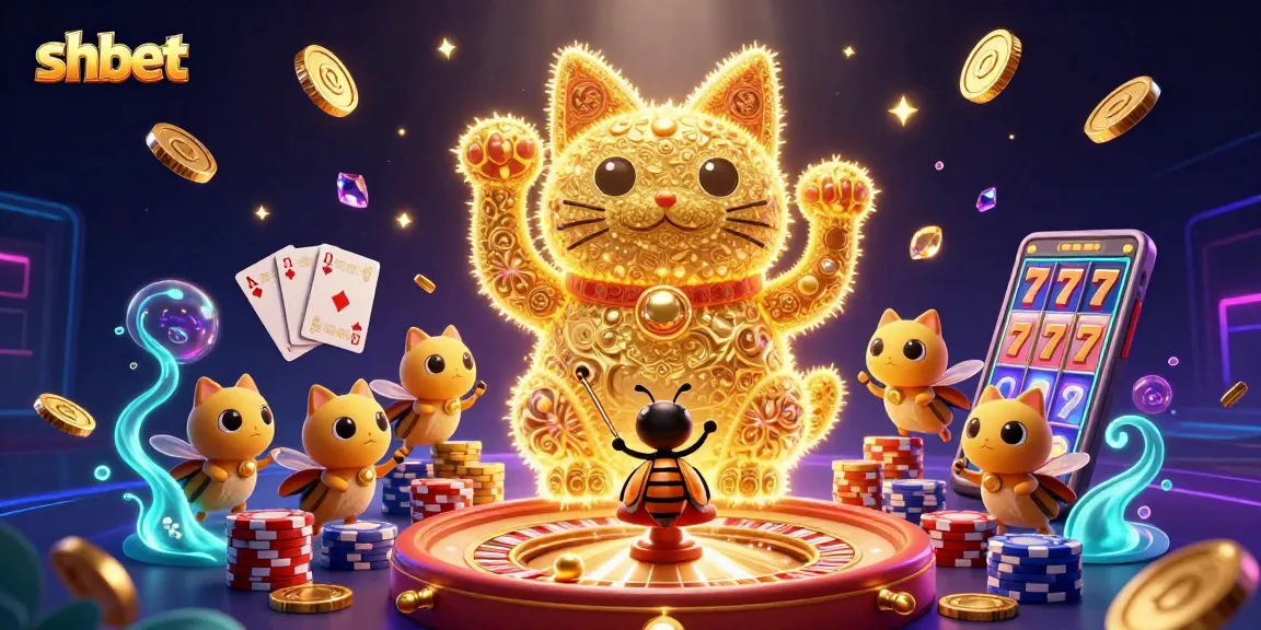 Experience the thrill of shbet casino with vibrant golden symbols and a lucky cat.