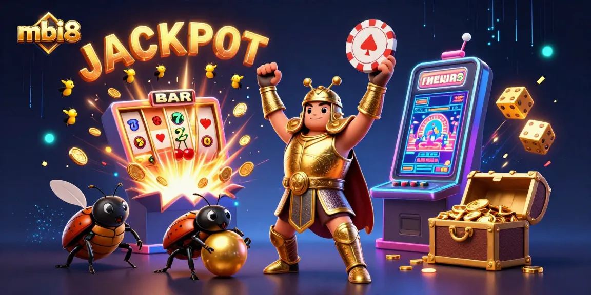 Win big at mbi8 with a victorious hercules beetle lifting a poker chip amidst vibrant slot machine action.