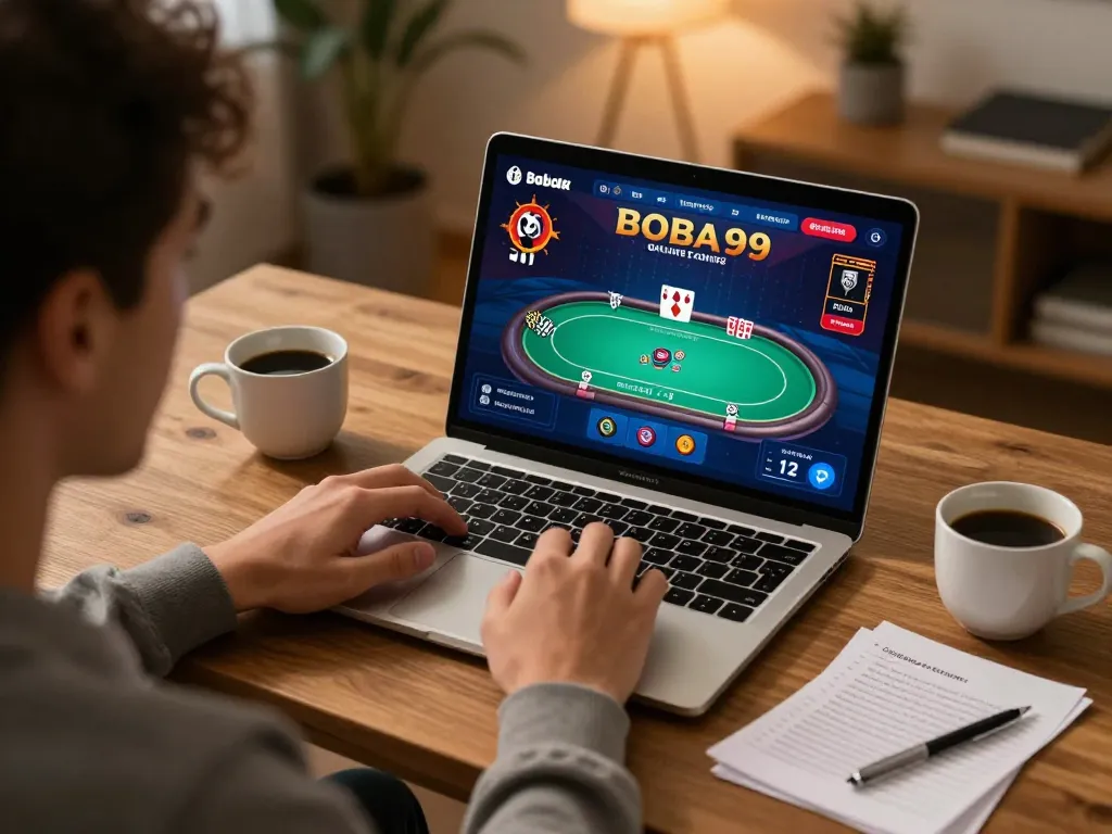 Pemain mengakses Boba99 Login di laptop, menampilkan permainan poker di lingkungan rumah yang nyaman.