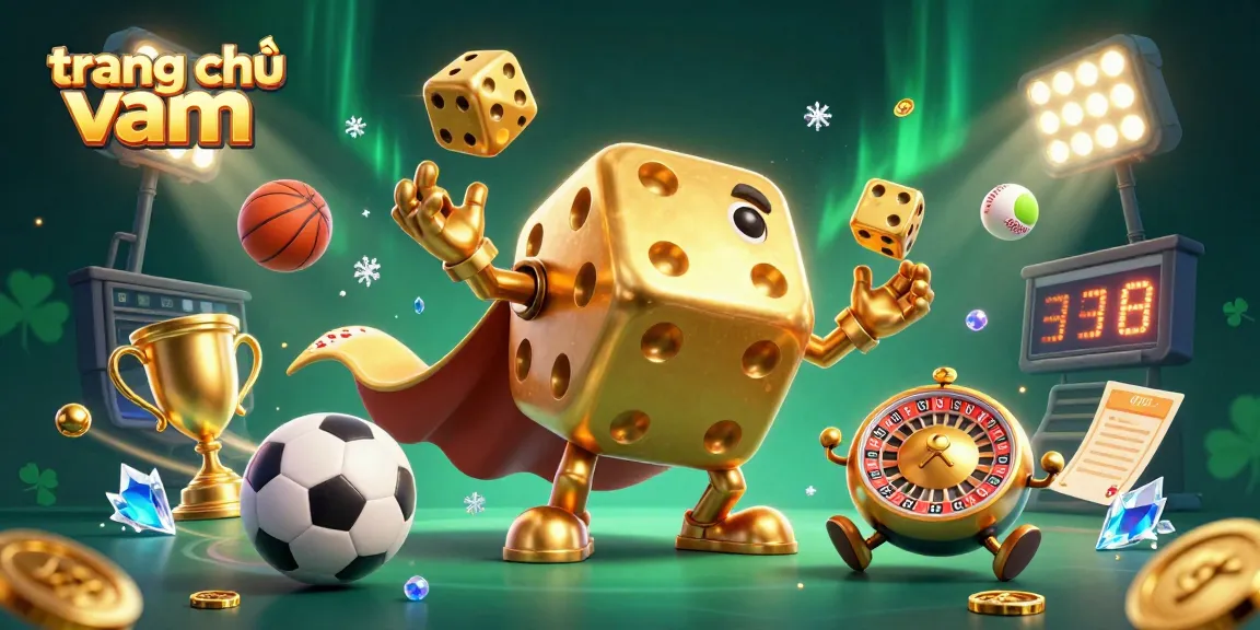 Engage with the excitement of trang chủ vmax as golden dice juggles while sports elements fly around, immersing players in a vibrant gambling scene.