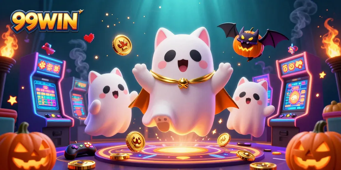 Experience thrills at 99WIN with a ghost cat and bat at a lively casino.